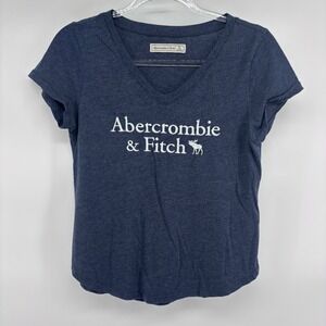 Abercrombie & Fitch Womens V-Neck T-Shirt Top‎ Logo Graphic Tee Blue Small
